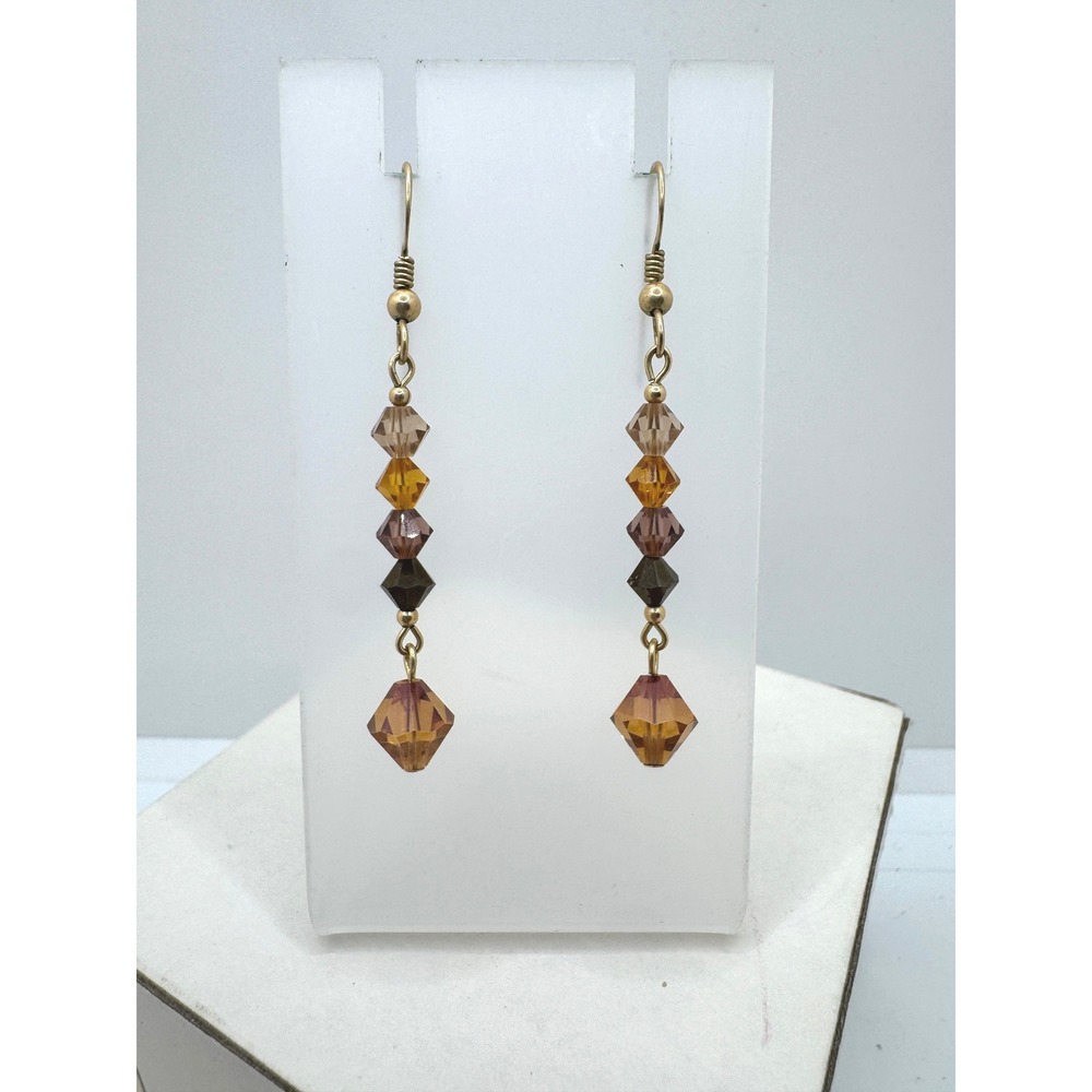 Handmade Earth Tone Bicone Crystal Drop Earrings Gold Tone French Wire Hooks